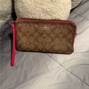 Coach Brown Signature Canvas Wristlet with Pink Trim